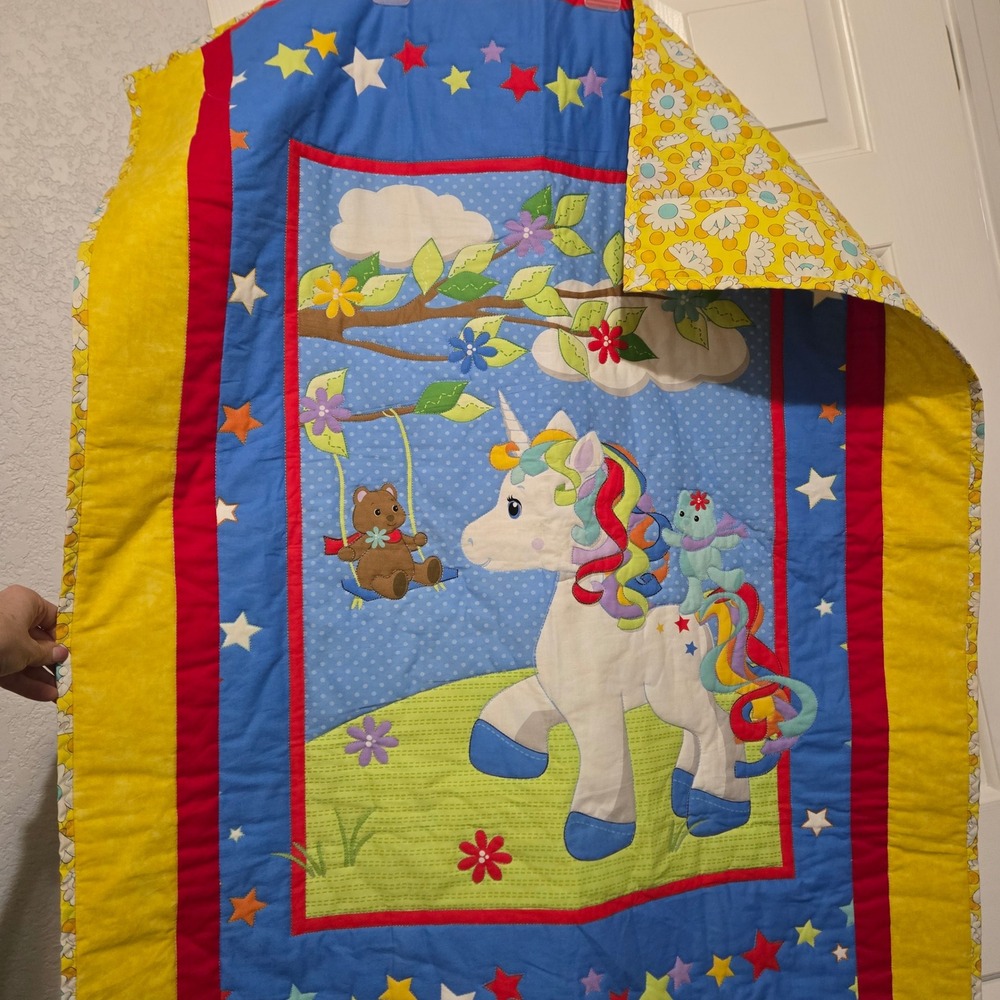 Project Linus Handmade Baby Quilt Unicorn Bear Rainbow Nursery Blanket Yellow